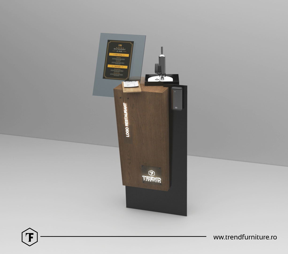 Viața HoReCa după Covid-19 – Pupitru meniu / dispenser dezinfectant / gheridon